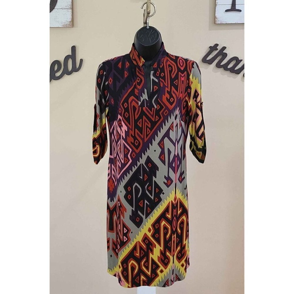 Donna Morgan Multicolor Geometric Print Shift Dress Size 2 Boho Tribal Pattern
